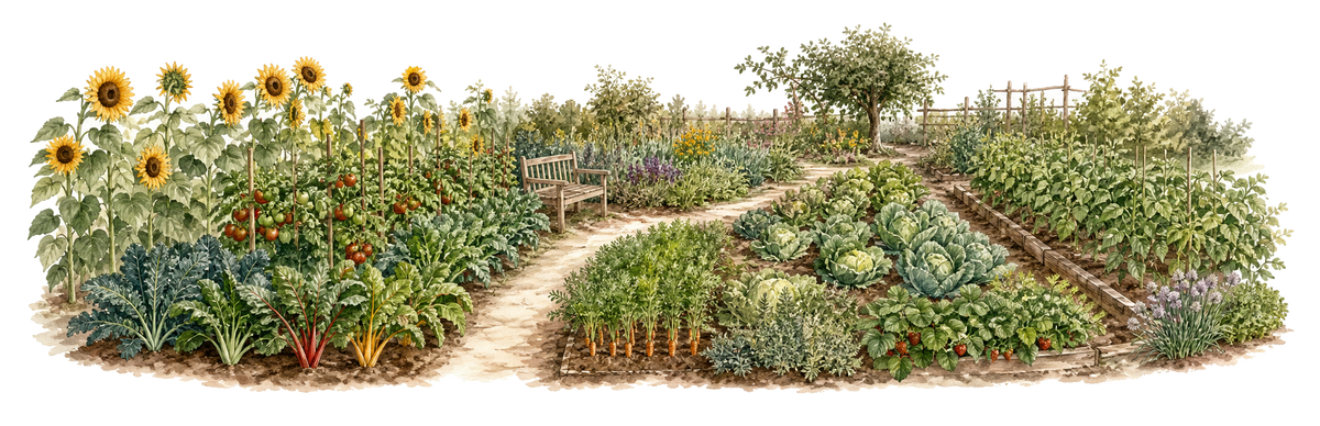 A flourishing garden with sunflowers, vegetables, and a winding path