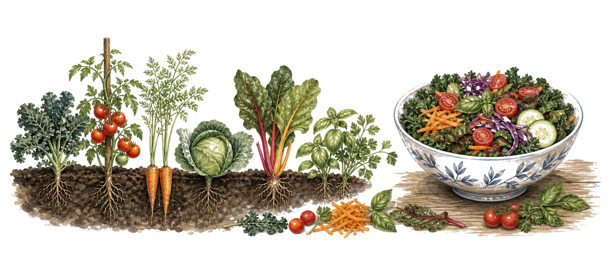 Garden roots growing in soil, transitioning to a nourishing bowl of fresh salad