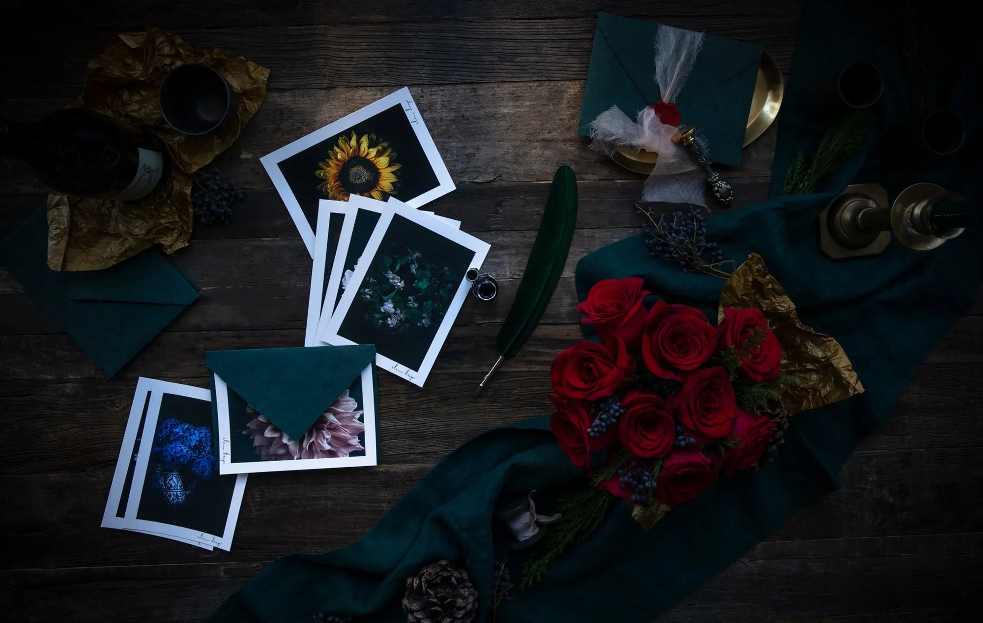 Elena Dragoi curated fine art floral print collection - 5x7 museum-quality flower photography with moody sunflower and dark florals for gallery wall