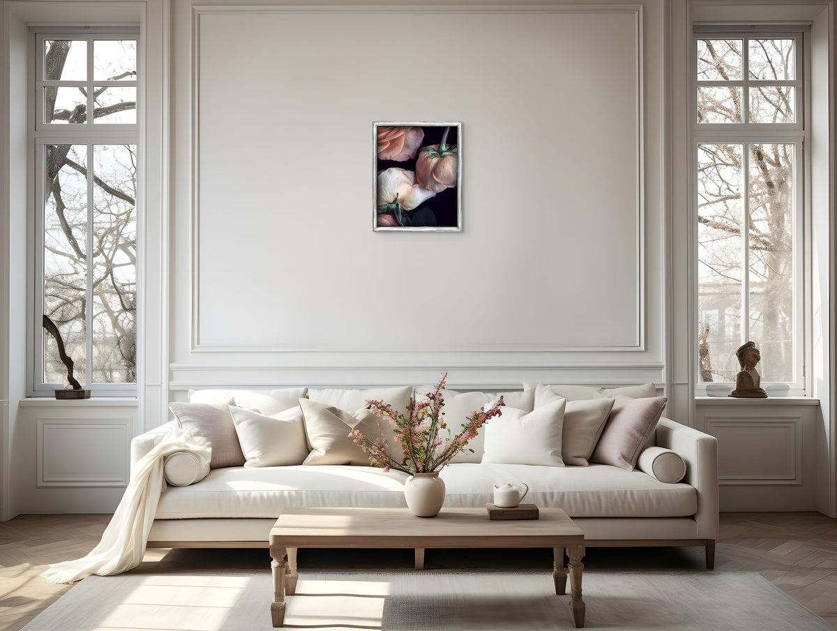Statement 18x24 art print in refined living room setting - showcasing bold presence above classic white sofa with natural light