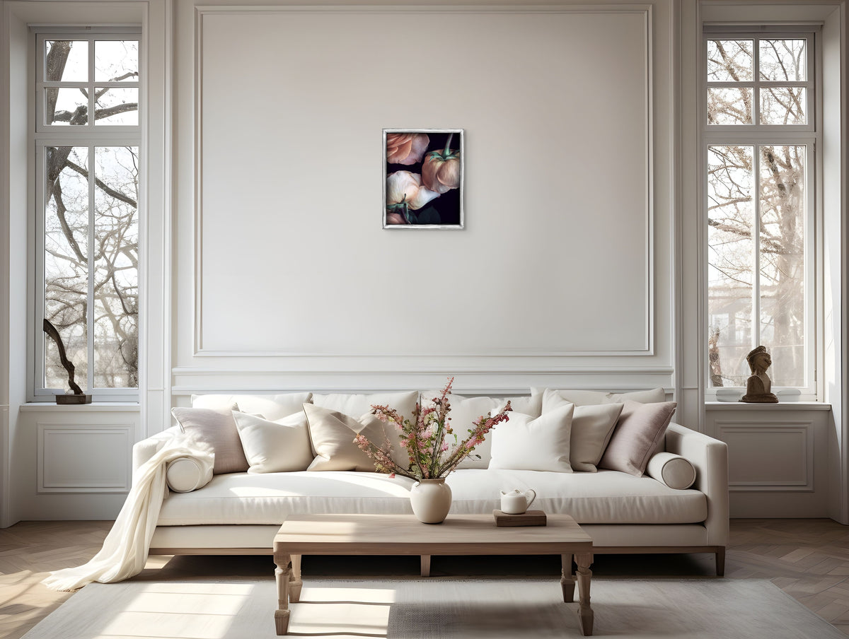 Balanced 16x20 art print in refined living room setting - showcasing graceful presence above classic white sofa with natural light