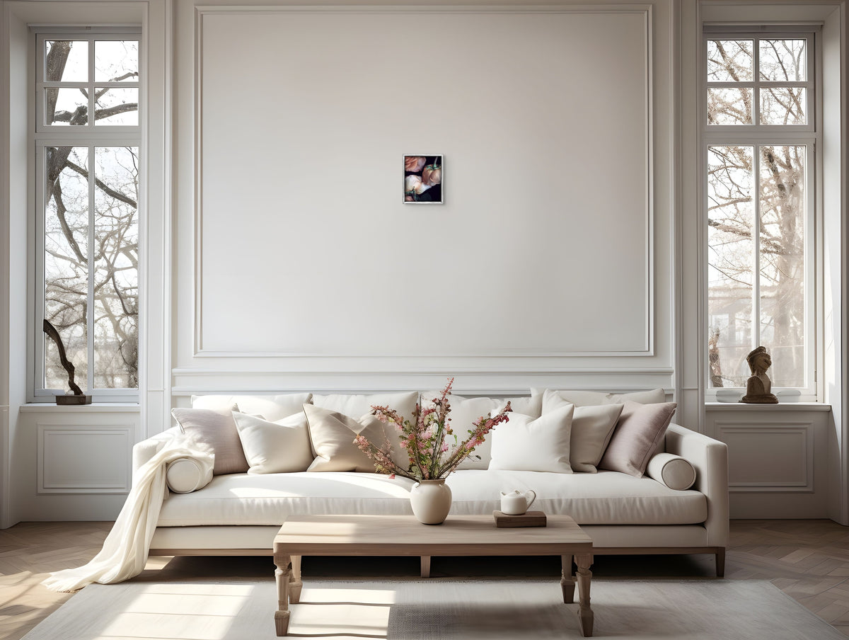 Intimate 8x10 art print in refined living room setting - showcasing delicate presence above classic white sofa with natural light